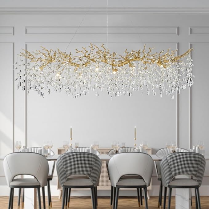 Modern Gold Crystal Chandeliers Chandeliers - L63 inch Rectangular Golden Tree Branches Ceiling Pendant Light Fixtures, Luxury K9 Raindrop for Dining Room