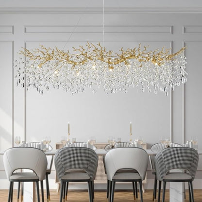 Modern Gold Crystal Chandeliers Chandeliers - L63 inch Rectangular Golden Tree Branches Ceiling Pendant Light Fixtures, Luxury K9 Raindrop for Dining Room