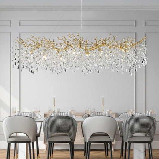 Modern Gold Crystal Chandeliers Chandeliers - L63 inch Rectangular Golden Tree Branches Ceiling Pendant Light Fixtures, Luxury K9 Raindrop for Dining Room