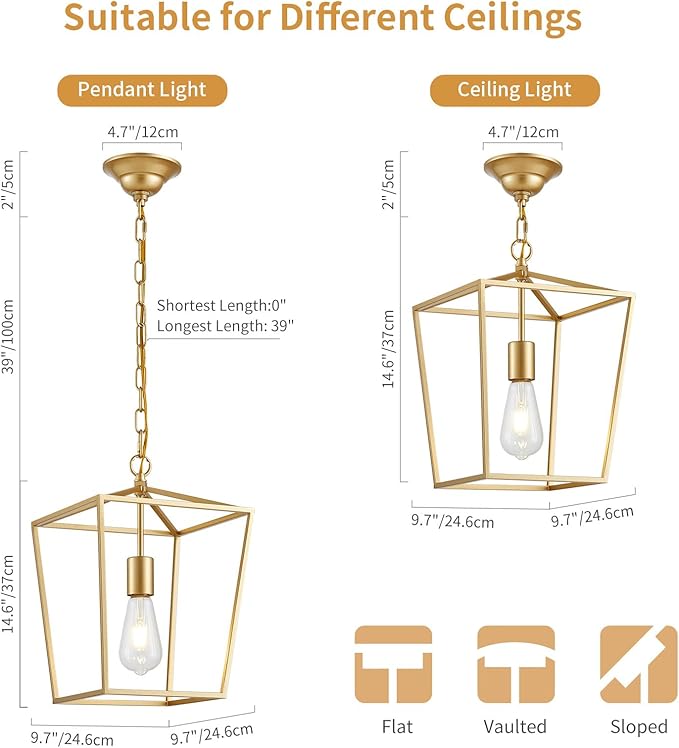 ANJIADENGSHI Lantern Pendant Light Lantern Iron Cage 1 E26 Bulbs Gold Chandelier for Dining Room Kitchen(Bulbs Not Included)