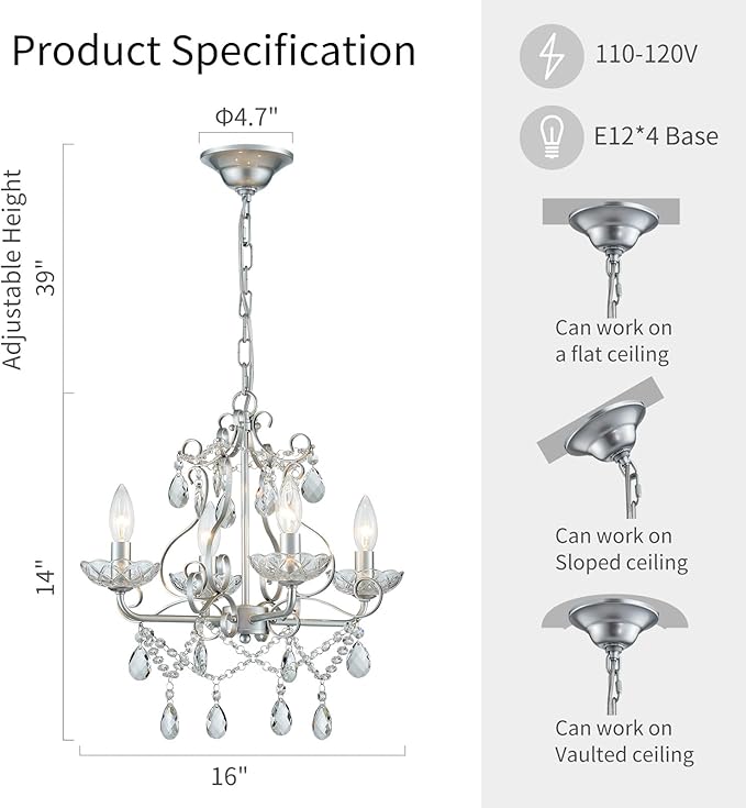 WUZUPS Crystal Candle Chandelier Pendant Flushmount Ceiling Light Modern Lighting Fixture for Bedroom Hallway Bar Kitchen Bathroom, H 14" x W 16", Silver, E12 Base