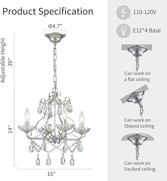 WUZUPS Crystal Candle Chandelier Pendant Flushmount Ceiling Light Modern Lighting Fixture for Bedroom Hallway Bar Kitchen Bathroom, H 14" x W 16", Silver, E12 Base