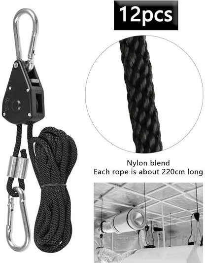 6 Pairs 1/8" Heavy Duty Ratchet Hangers, Adjustable Rope Hangers, Grow Light Rope Hangers for Grow Plant Fan Filter Light Room Equipment, 150 LB Capacity per Pair