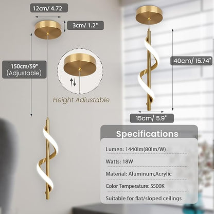 CANEOE 3 Packs Modern Spiral Led Pendant Light Fixture, Cold White 5500K Gold Kitchen Island Pendant Lamp, Adjustable Hanging Light Fixture for Bedroom Living Room Kitchen Sink (Gold)