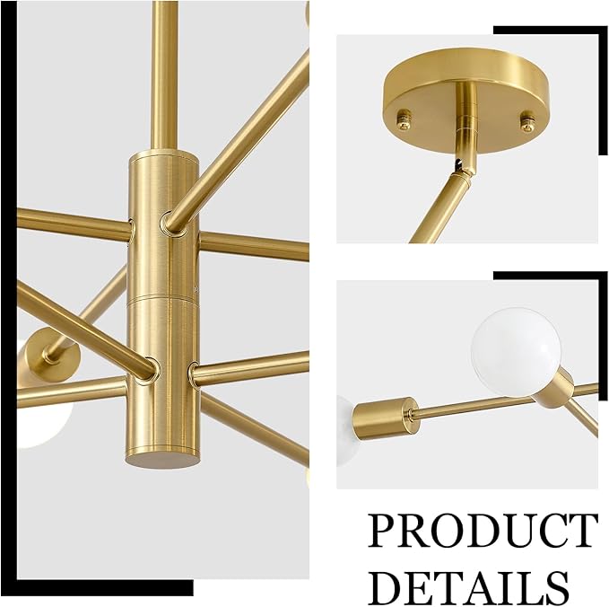 HHR 8-Light Gold Sputnik Ceiling Light Fixture, 26-Inch Kitchen Chandelier with Adjustable Height, E26 Mid Century Modern Chandelier for Dining Room Living Room Foyer Entryway