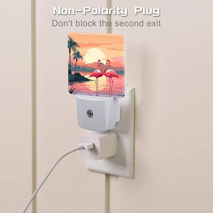 Pink Flamingos at Sunset Night Light for Kids,Summer Beach Tropical Palm Tree Night Light Plug in with Dusk to Dawn Sensor,0.5w Energy Saving Nightlight for Hallway Stairway Kitchen Bedroom