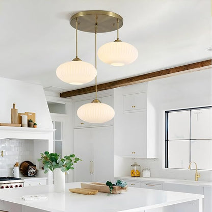 Large White Ribbed Glass Pendant Light Modern 3-Light Cluster Pendant Lighting Mid Century Globe Hanging Pendant Light Brass Gold Chandeliers for Dining Room Living Room