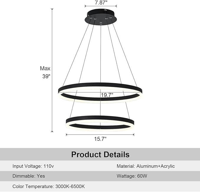 2-Rings Modern LED Chandelier Black for Dining Room, Dimmable Pendant Lighting with Remote Control Circular Flush Mount High Ceiling Light for Bedroom Living Room Foyer, 3000K-6500K