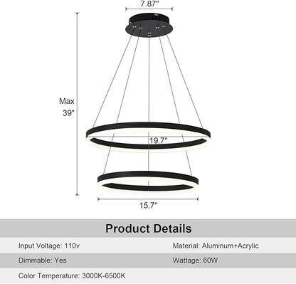 2-Rings Modern LED Chandelier Black for Dining Room, Dimmable Pendant Lighting with Remote Control Circular Flush Mount High Ceiling Light for Bedroom Living Room Foyer, 3000K-6500K