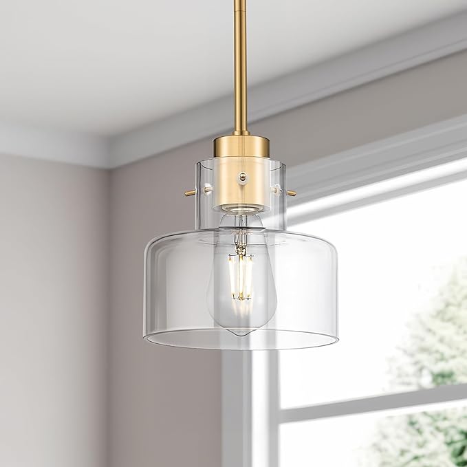 Brushed Gold Pendant Lights Kitchen Island, 6" Pendant Light Fixtures Over Island with Clear Glass Shade, Modern Brass Kitchen Island Lighting for Dining Room Entryway, PL124-BG-G-1PK