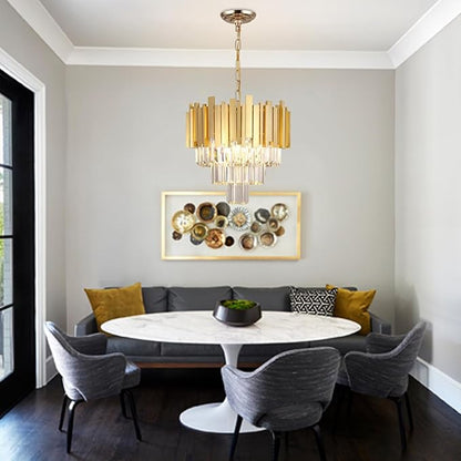 Gold Luxury Crystal Chandelier Modern Hanging Chandelier Light,E12*5-Light Adjustable Chain Pendant Light Fixture for Dining Room Living Room Foyer Bedroom W15.7in