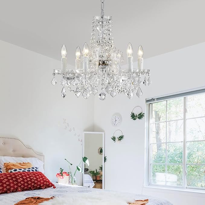 AGV LIGHTING Modern Chandelier Light Fixture, Crystal Pendant Raindrop Chandelier, Maria Theresa Silver Crystals Chandelier with 6-Lights, D20 X H18, Adjustable Chain Max 39"