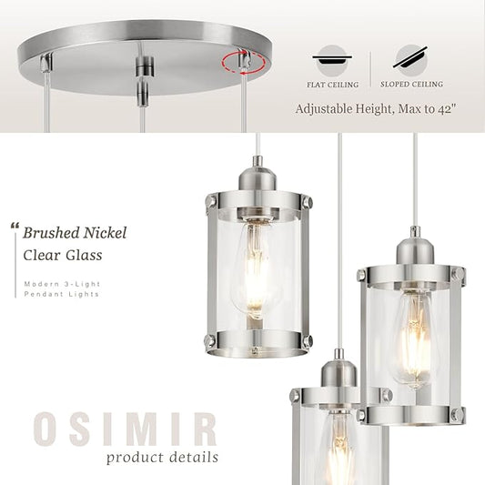 3-Light Pendant Lighting, Brushed Nickel Dining Room Chandelier Light Fixture Over Table with Clear Glass, Modern Cluster Hanging Lights for Kitchen Island Sink, OS-3014-3BN