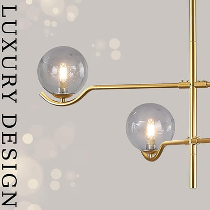 CATINER Gold Sputnik Chandelier, Large Modern 4 Lights L31 '' Mid Century Long Ceiling Pendant Light Fixture with Smoke Glass Globe Shades for High Ceiling Living Dining Room Foyer Bedroom