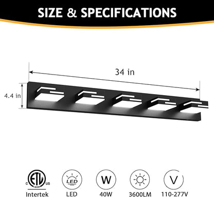 LED Modern Bathroom Vanity Light Fixtures 5-Light 34-inch 5CCT Dimmable Matte Black Vanity Lights for Bathroom Lighting Fixtures Over Mirror, with 360° Rotatable Acrylic Heads