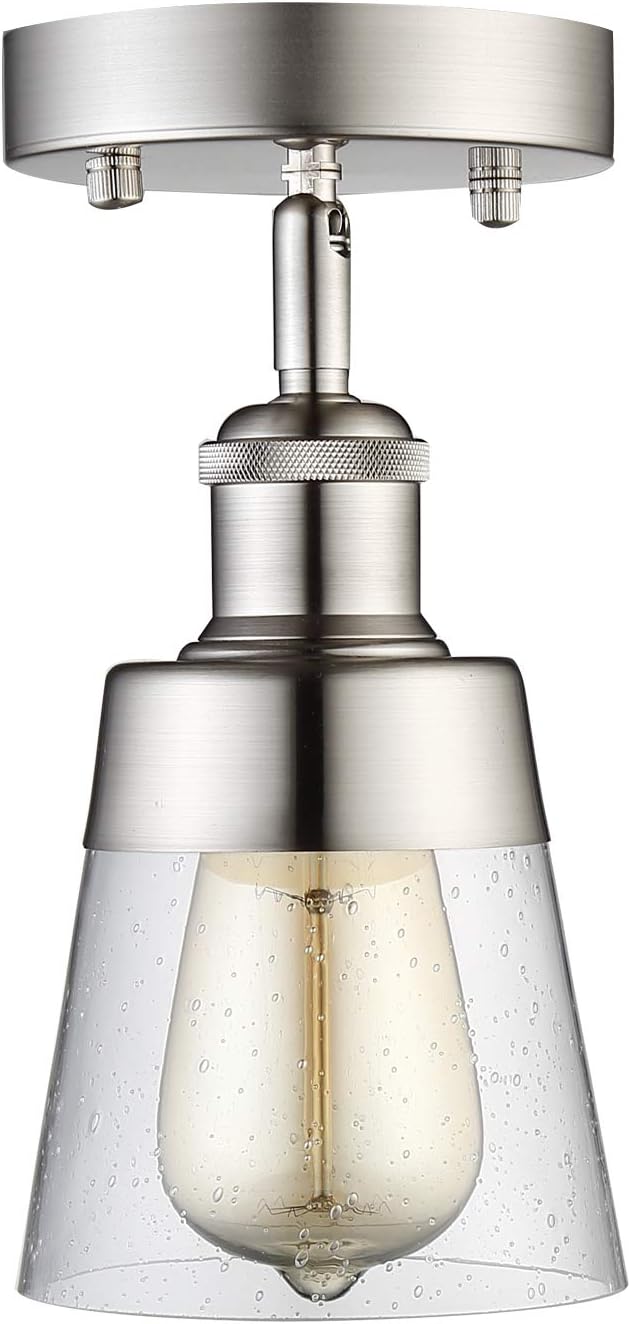 Fivess Lighting Modern Glass Flush Mount Light Fixture Mini Clear Seeded Glass Shade Semi Flush Mount Ceiling Light for Hallway Living Room Bedroom Kitchen Entryway, Brushed Nickel