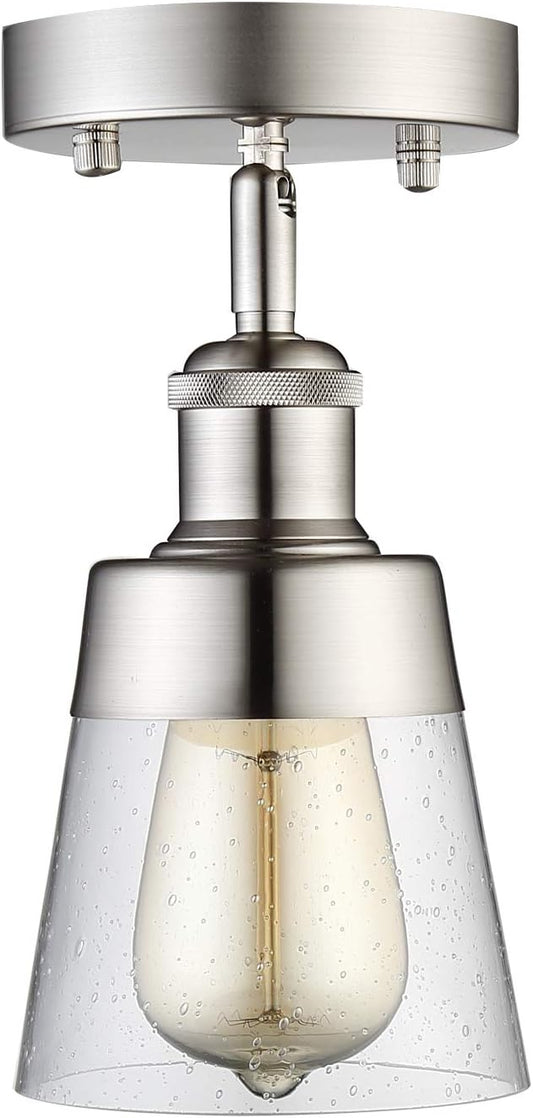 Fivess Lighting Modern Glass Flush Mount Light Fixture Mini Clear Seeded Glass Shade Semi Flush Mount Ceiling Light for Hallway Living Room Bedroom Kitchen Entryway, Brushed Nickel