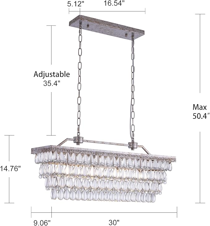 Wellmet Dining Room Crystal Chandelier, 30 Inch Antique Silver Rectangle Chandeliers Over Table, 4 Lights Farmhouse Kitchen Island Lighting, Vintage Crystal Chandelier Light Fixture for Living Room