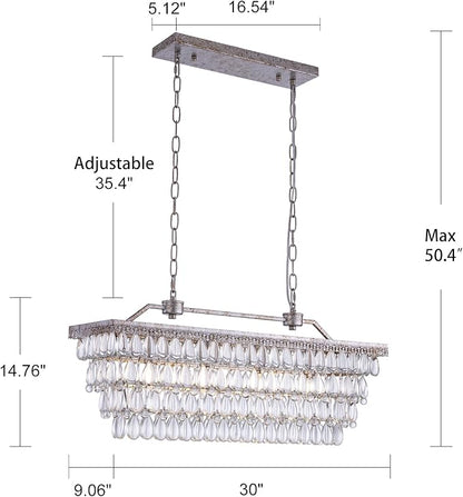 Wellmet Dining Room Crystal Chandelier, 30 Inch Antique Silver Rectangle Chandeliers Over Table, 4 Lights Farmhouse Kitchen Island Lighting, Vintage Crystal Chandelier Light Fixture for Living Room