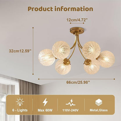 Glass Chandelier 6-Light Vintage Flush Mount Ceiling Light Gold Chandelier, Snowflake Globe Shade, Sputnik Brass Ceiling Light, Dining Room Chandelier for Kitchen Bedroom Living Room