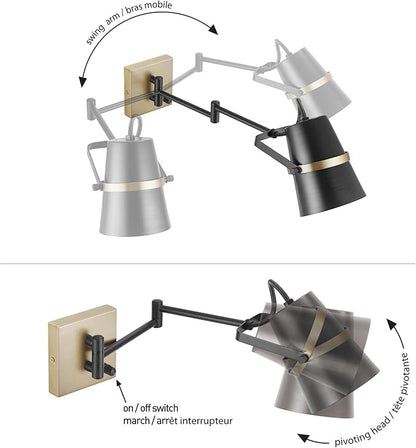 Globe Electric 51345 1-Light Plug-in or Hardwire Swing Arm Wall Sconce, Matte Black, Brass Accents, 6ft Woven Fabric Cord, Flat Plug, Rotary Switch, Modern Light for Apartments and Rental