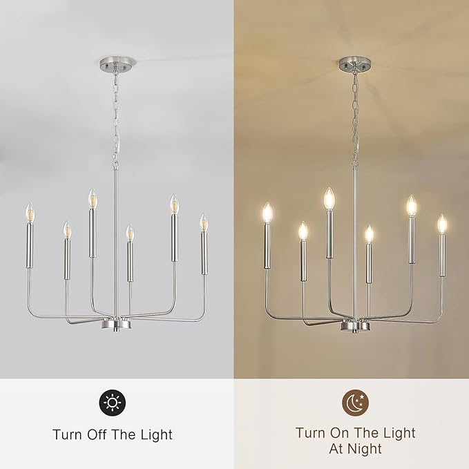 Modern Brushed Nickel Chandelier for Dining Room, Metal 6-Light Kitchen Light Fixtures, Farmhouse Candle Hanging Pendant Light for Living Room Entryway Foyer Bedroom (Bulbs Not Included)