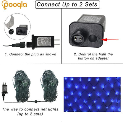 Pooqla Net Lights, 300LED Christmas Outdoor Mesh Light, 14.8x4.9 ft Fairy String Light with 8 Modes Green Wire, Connectable Waterproof for Bushes Tree Garden Christmas Decor, Blue