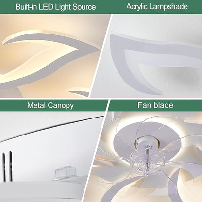 Yfrest Modern Ceiling Fan with Light and Remote, Low Profile 32 Inch White Flush Mount Fandelier Ceiling Fan for Kitchen Bedroom