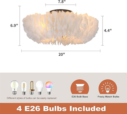 20" Modern Ceiling Fans with Lights and Remote Control，White Feather Chandeliers Stylish Low Profile Ceiling Fan for Bedroom, Living Room and Small Spaces,Featuring Reversible Motor, 6 Speeds