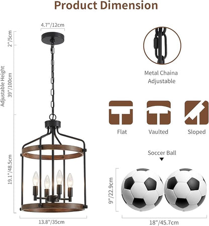 Modern Black Chandelier, 4-Light Farmhouse Dining Room Light Fixture Over Table, Muted Black with Retro Wood Texture Shade, Rustic Cage Hanging Pendant Lighting for Hallway Entryway Kitchen Bedroom
