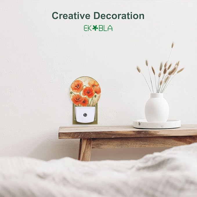 EKOBLA Poppy Flower Plug-in Night Light, Vintage Red Orange Floral LED Nightlight with Sensor for Hallway