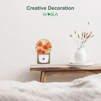 EKOBLA Poppy Flower Plug-in Night Light, Vintage Red Orange Floral LED Nightlight with Sensor for Hallway