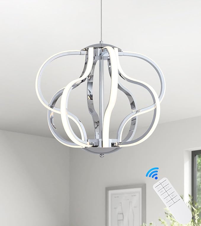 Modern Chrome LED Chandelier with Remote Control, Dimmable LED Chandelier with 3 Color Temperature,8 Lights Hanging Pendant Lights for Dining Room Foyer Entryway Kitchen Living Room