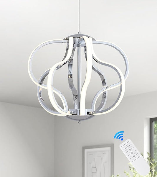 Modern Chrome LED Chandelier with Remote Control, Dimmable LED Chandelier with 3 Color Temperature,8 Lights Hanging Pendant Lights for Dining Room Foyer Entryway Kitchen Living Room