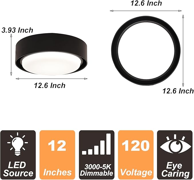 Black Flush Mount Ceiling Light, 12 Inch LED Metal Light Fixture, 3000K 4000K 5000K Dimmable Modern Lighting Fixture Ceiling for Bedroom Hallway Kitchen Bathroom