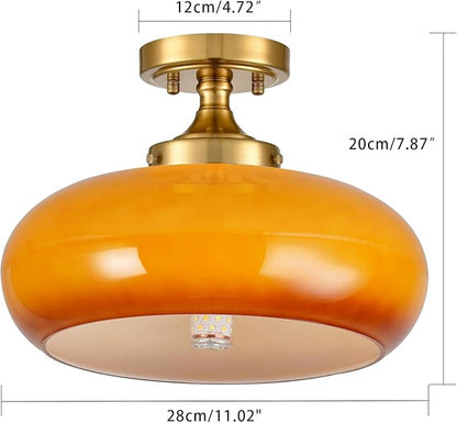 Mid Century Modern Semi Flush Mount Ceiling Light, Orange Vintage Glass Ceiling Lamp for Kitchen Hallway Living Room Entryway Bathroom Light Fixture