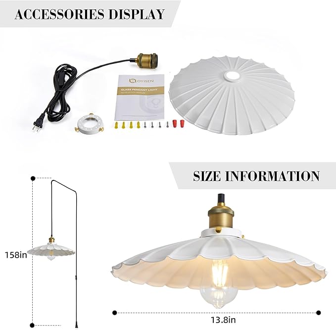 Plug in Pendant Light 13.8 Inch Round Metal Shade Vintage White Pendant Light for Kitchen Island 14Ft Adjustable Dome Industrial Hanging Lamp Living Room