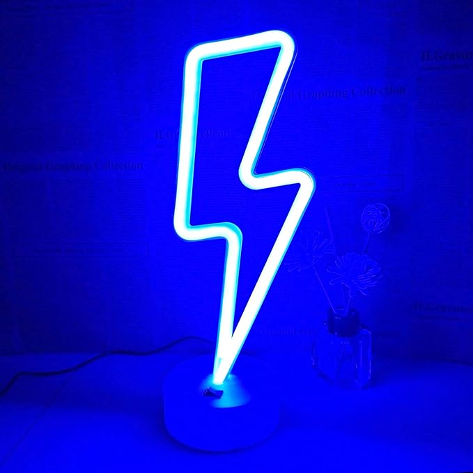 Lightning Bolt Neon Signs Lightning Neon Sign with Base for Bedroom LED Lighting for Room Decor for Teen Girls Gifts for Teenager Boys USB/Battery Cool Gaming Light with Holder(Blue)