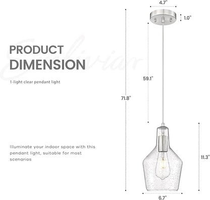 Emliviar 1-Light Modern Hanging Ceiling Light, Brushed Nickel Finish Kitchen Light Fixture, Adjustable Pendant Lighting with Seeded Glass Shade, DYE286G2-MIL BN