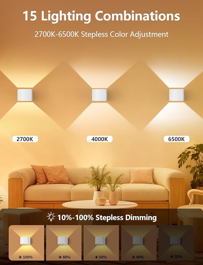 Motion Sensor Wall Lights, Wireless Rechargeable Wall Sconce with Remote Control, 10-100% Dimmable 2700-6500K, Adjustable Beam Angle, 3 Modes, 5000mAh White Wall Lamp for Bedroom, Hallway, 2-Pack