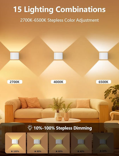 Motion Sensor Wall Lights, Wireless Rechargeable Wall Sconce with Remote Control, 10-100% Dimmable 2700-6500K, Adjustable Beam Angle, 3 Modes, 5000mAh White Wall Lamp for Bedroom, Hallway, 2-Pack