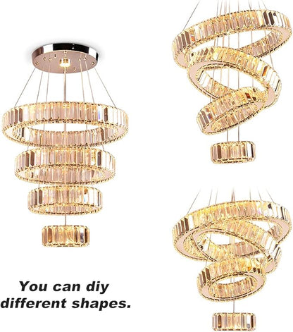 Modern Crystal Chandelier 4 Rings LED Pendant Light Adjustable High Chandeliers Ceiling Light for Bedroom Living Room Dining Room Warm White