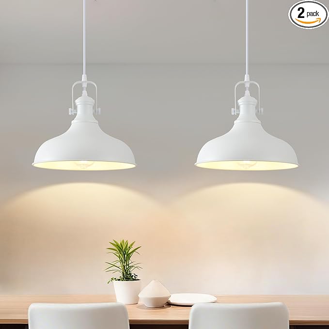 White Pendant Lights 2 Pack, Farmhouse Pendant Lights for Kitchen Island, 11.41" Kitchen Pendant Lighting, Modern Hanging Light Fixtures for Kitchen Dining Room