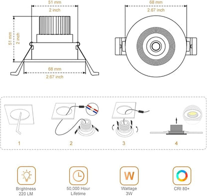 2Inch LED Recessed Ceiling Light, 3W Dimmable LED Downlight, Natural White 4000K, 60 Beam Angle COB Recessed Lights with Driver, 25W Halogen Bulbs Equivalent for Ceiling Lighting, Black 10 Pack