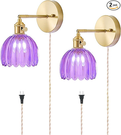Plug in Wall Sconces Set of 2, Vintage Wall Sconce Light with Tulip Purple Glass Lampshade, Bedroom Wall Sconce with Switch and Plug in wall lamp Cord, Gold Wall Light Wall Decor Set of 2