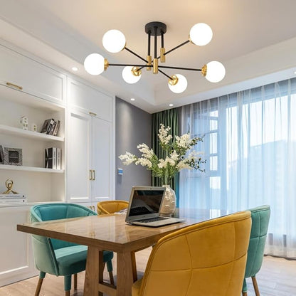 Biewalk Sputnik Ceiling Light Fixture 6 Light Sputnik Chandeliers, Black and Gold Chandelier Light Fixture with Milk White Glass Shade for Living Room Kitchen Bedroom Dining Room (E26 Bulb Excluded)