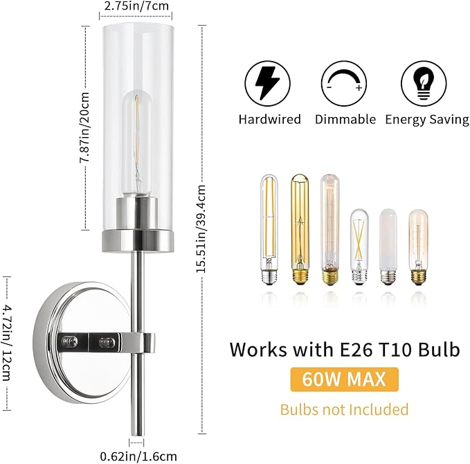 WILON Modern Wall Sconces 2 pcs, Bathroom Light Fixture with Long Clear Glass Shades, Indoor Siver Wall Lamp for Vanity Mirror Bedroom Living Room Bedside Hallway Corridor Stairs, Chrome