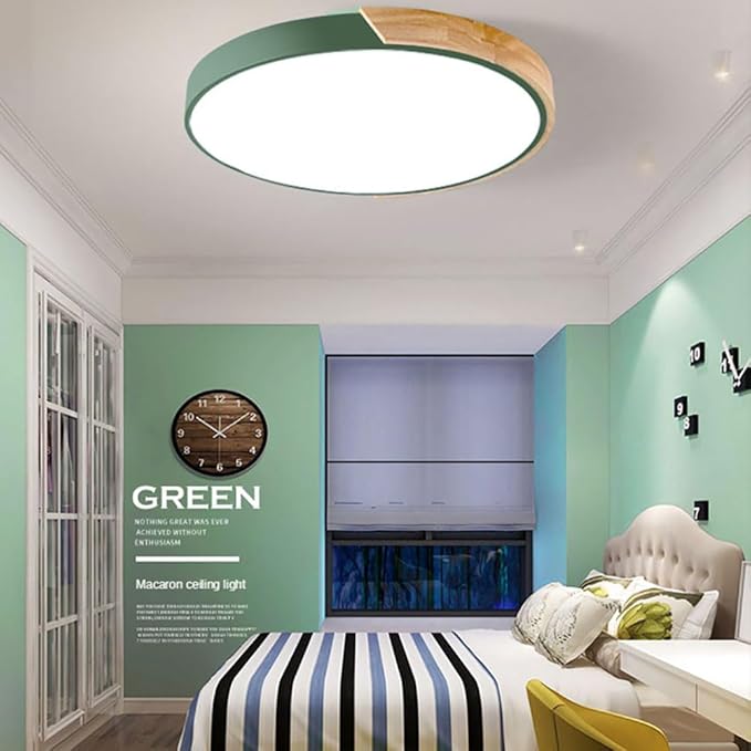 LED Ceiling Light Fixture,12 Inch Modern Wood Recessed Ceiling Lights, Dimmable Light,Green 24W Close to Ceiling Lighting Flush Mount Living Room Bedroom,3000K-6000K