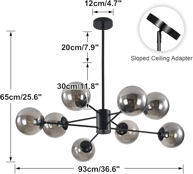 KCO Lighting 8 Lights Modern Sputnik Ceiling Light Fixture Black Globe Chandelier Smoke Gray Glass Chandelier Mid Century Hanging Light Fixture
