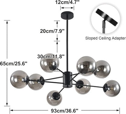 KCO Lighting 8 Lights Modern Sputnik Ceiling Light Fixture Black Globe Chandelier Smoke Gray Glass Chandelier Mid Century Hanging Light Fixture